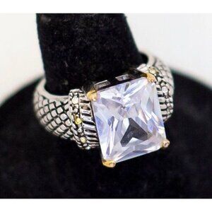 Size 6, Vintage Silver Tone Snake Scale Colorless Square Faux Gem Ring - A23